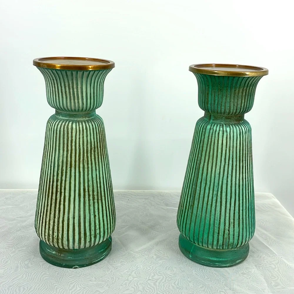 Pier 1 Imports Ribbed Green Glass Vases with Bronze Trim Set of 2